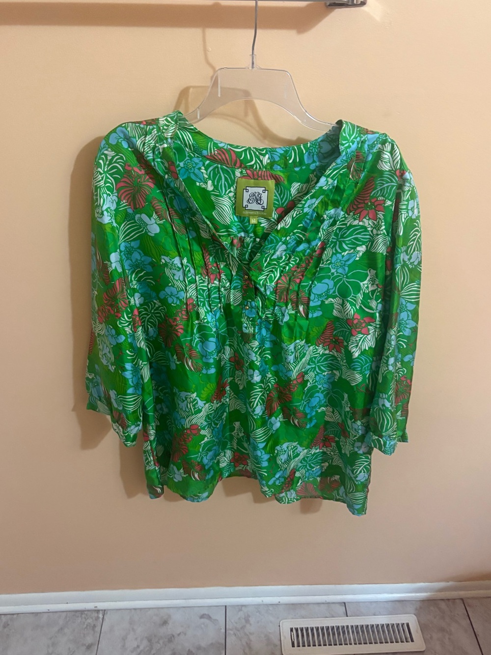 Elizabeth McKay green floral silk blouse